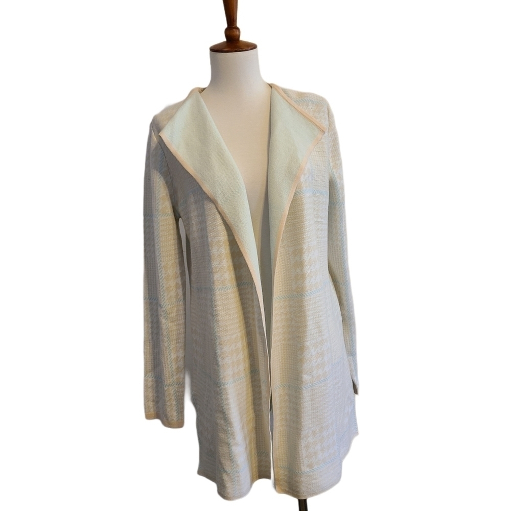 Anne‎ Klein Open Front Ivory Multi Plaid Cardigan Sweater Jacket Medium NWT